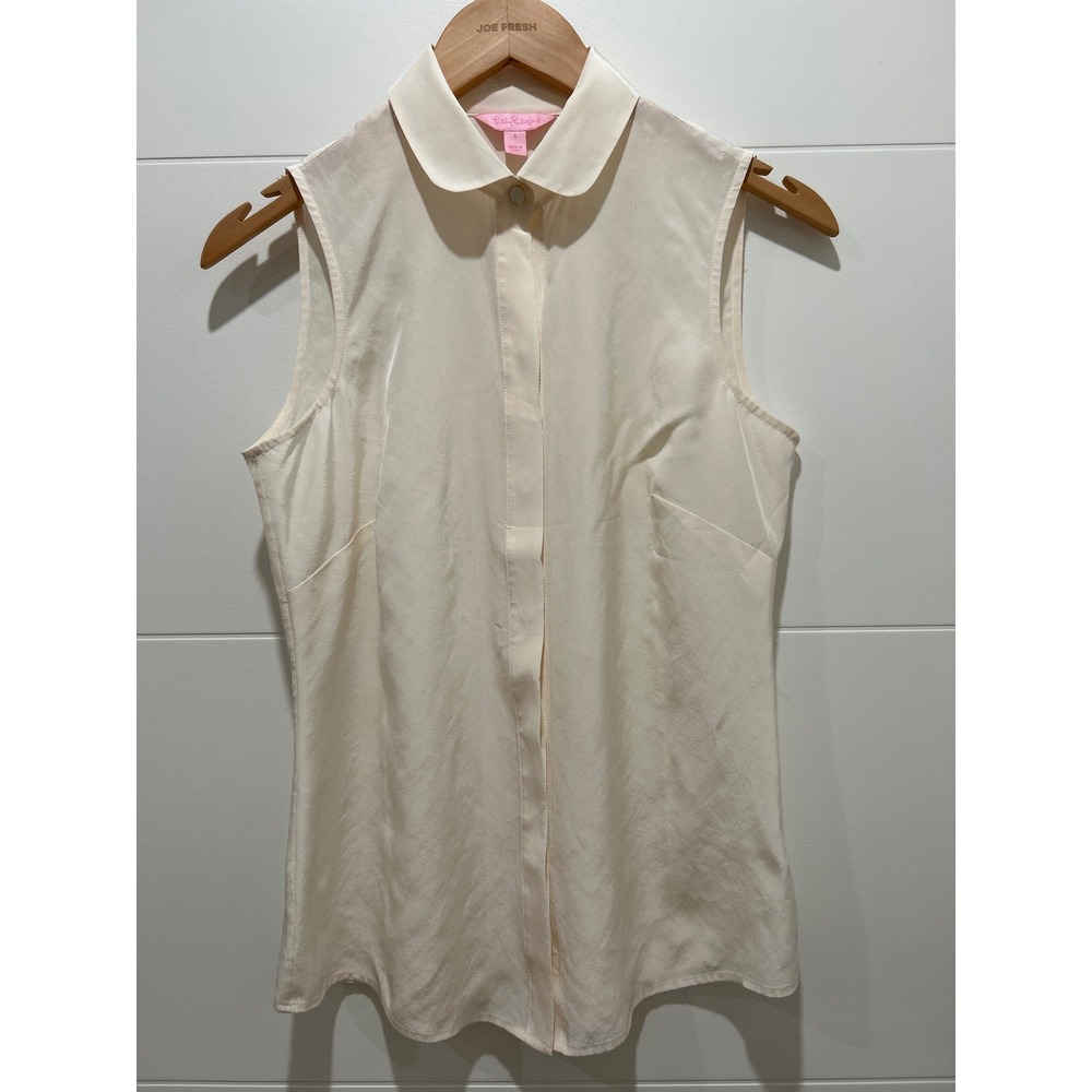 Lilly Pulitzer Cream 100% Silk Sleeveless Peter Pan Collar Blouse Top Small